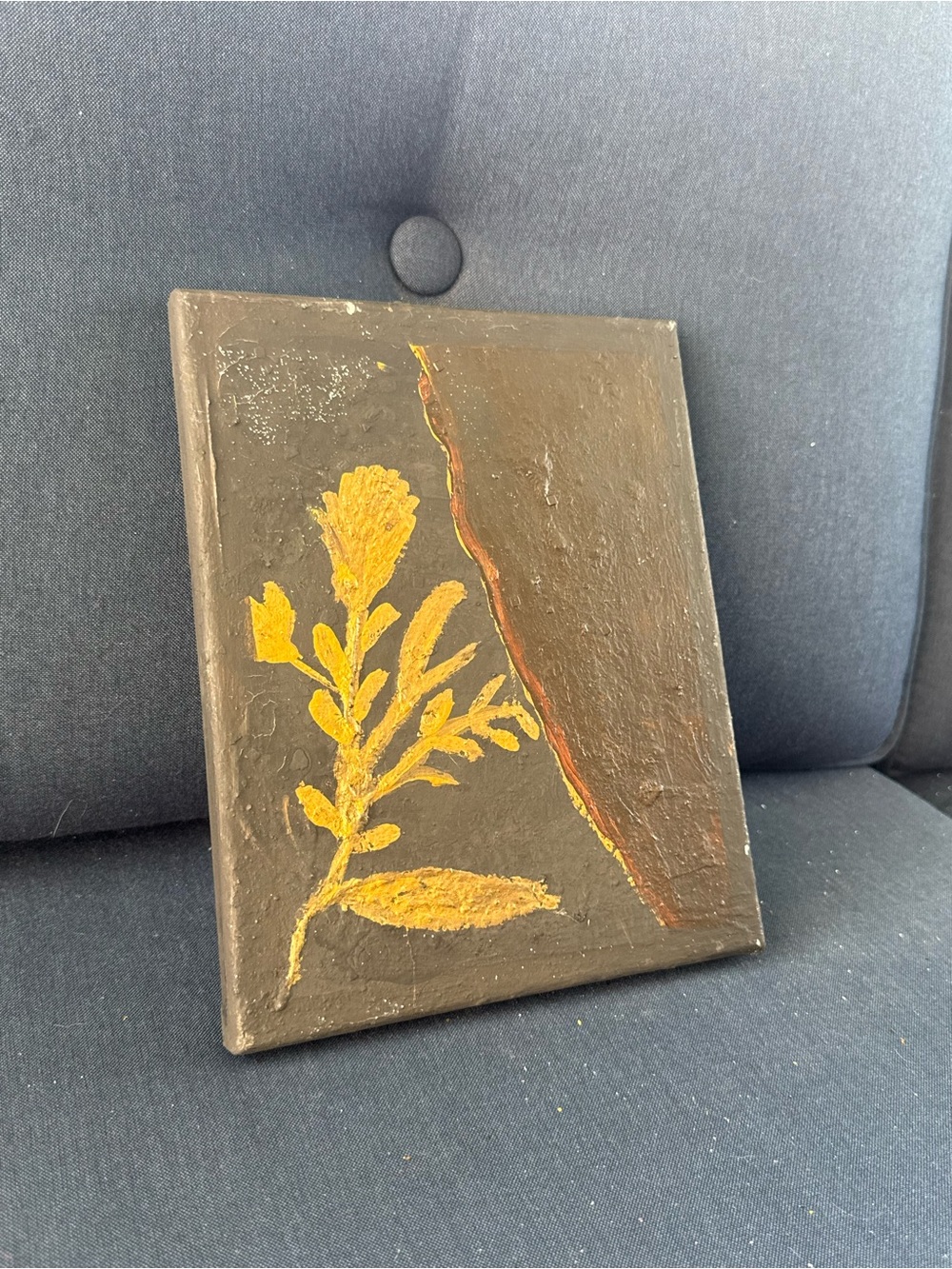 Handpainted Yellow Botanical on Black Canvas